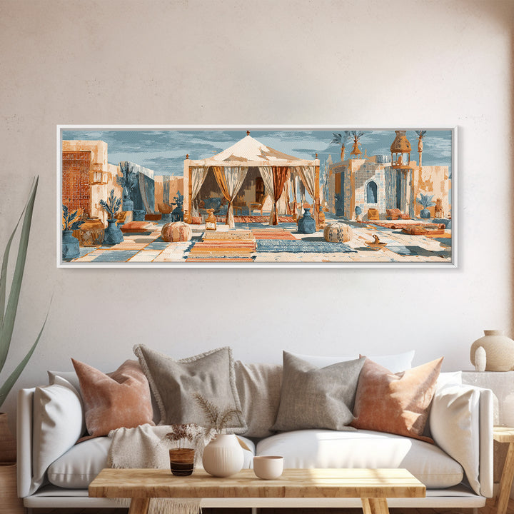 Desert Tent with Woven Rugs and Lanterns Canvas Print, Moroccan Art, Modern Decor, Living Room Decor, Fine Art, Marrakesh, MOR-3x1-54