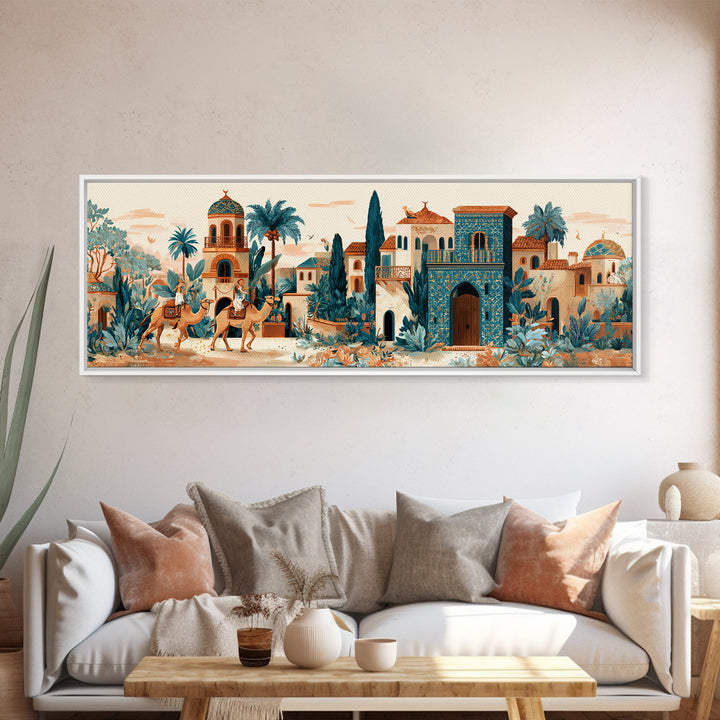 Desert Camel Caravan Framed Canvas Print, Moroccan Art, Boho Decor, Living Room Decor, Fine Art, Marrakesh, Ramadan Decor, MOR-3x1-67