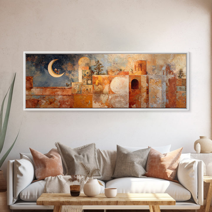 Camel Silhouette Beneath Crescent Moon Canvas Print, Moroccan Art, Set of 3 Prints, Living Room Decor, Fine Art, Marrakesh, MOR-3x1-75