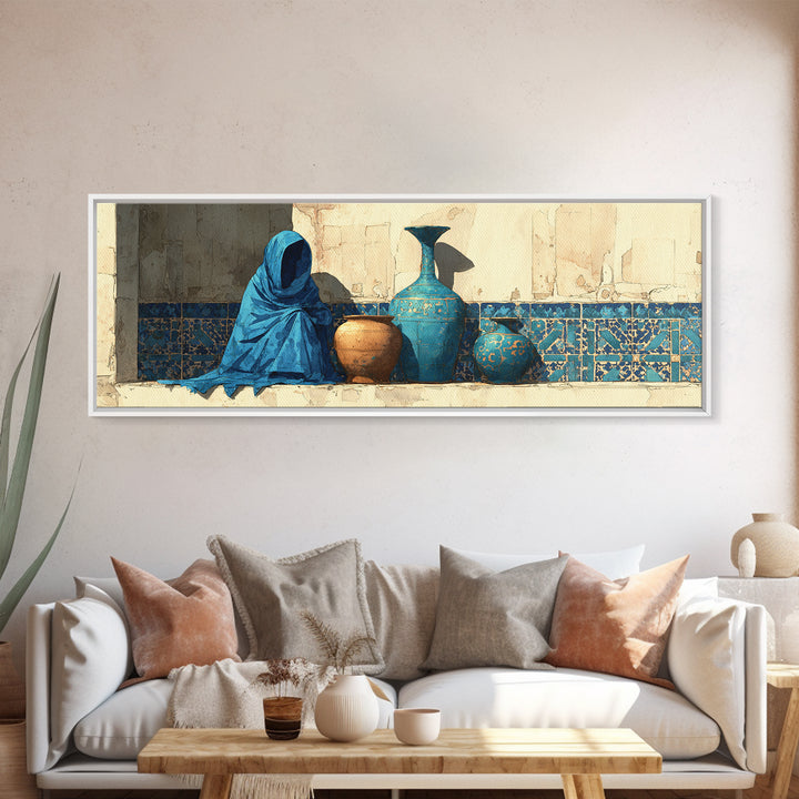 Tuareg Blue Scarf Portrait Framed Canvas Print, Moroccan Art, Gallery Wall Set, Living Room Decor, Fine Art, Marrakesh, MOR-3x1-82
