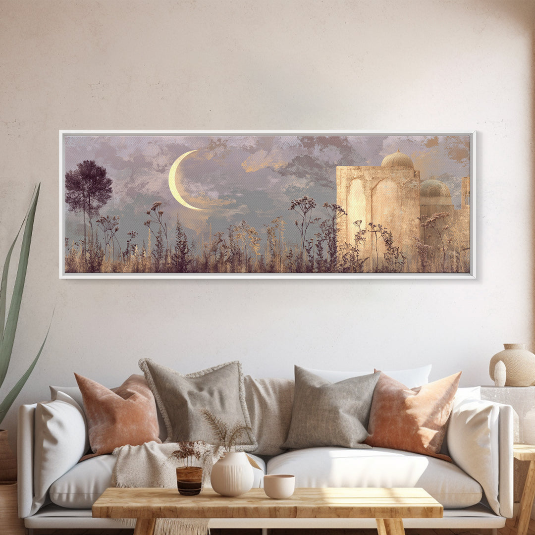 Camel Silhouette Beneath Crescent Moon Framed Canvas Print, Moroccan Art, Living Room Rug, Living Room Decor, Marrakesh, MOR-3x1-99