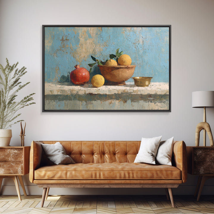 Pomegranate and Brass Bowl Still Life Framed Canvas Print, Moroccan Art, Moroccan Decor, Living Room Decor, Oil Painting, MOR-3x2-50