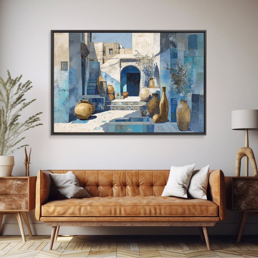 Blue City Alley Rendered as Painterly Shapes Canvas Print, Moroccan Art, Travel Wall Art, Living Room Decor, Abstract Art, MOR-3x2-58
