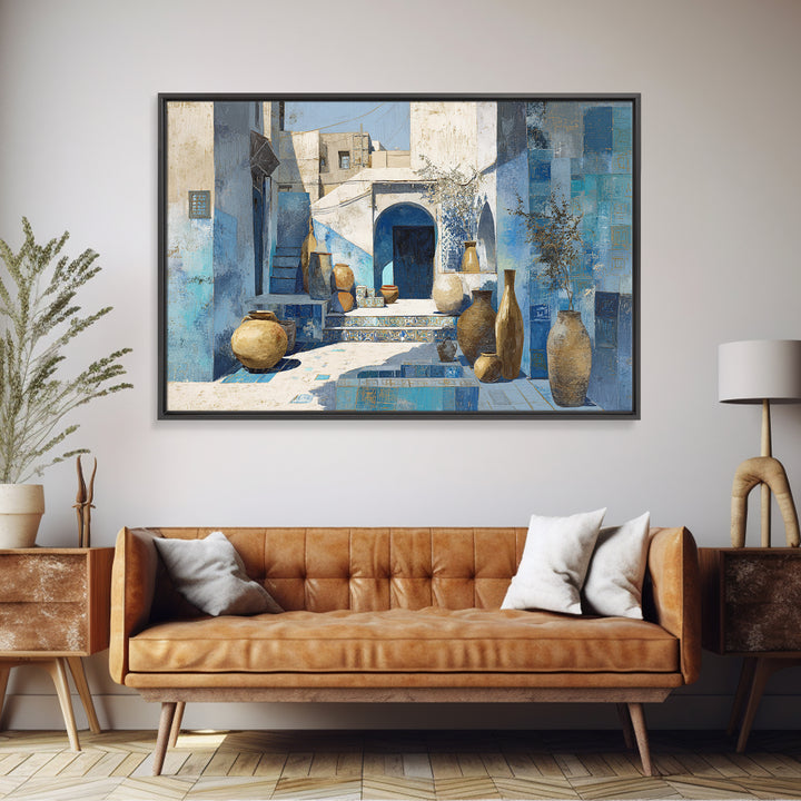 Blue City Alley Rendered as Painterly Shapes Canvas Print, Moroccan Art, Travel Wall Art, Living Room Decor, Abstract Art, MOR-3x2-58