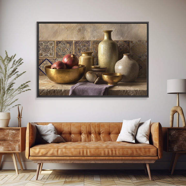 Pomegranate and Brass Bowl Still Life Framed Canvas Print, Moroccan Art, Moroccan Decor, Living Room Decor, Oil Painting, MOR-3x2-74