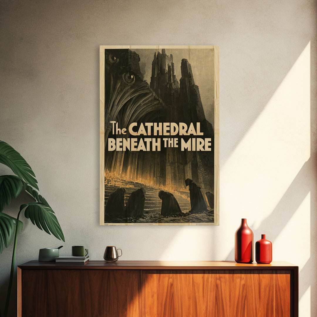 The Cathedral Beneath The Mire, English Language Horror Movie Poster, 1930s Horror Art, Gothic Cinema Wall Art, Canvas Print