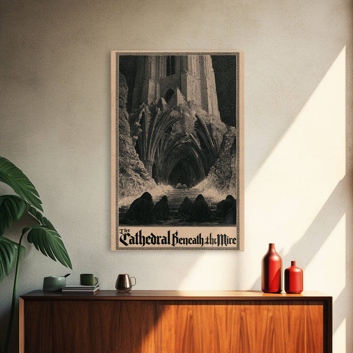 The Cathedral Beneath The Mire, English Language Horror Movie Poster, Gothic Engraving Art, Retro Horror Movie Art, Canvas Print