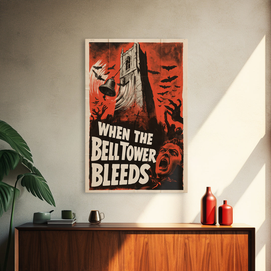 When The Bell Tower Bleeds, English Language Horror Movie Poster, 1950s Creature-Feature One-Sheet Inspired Art, Cult Horror Poster