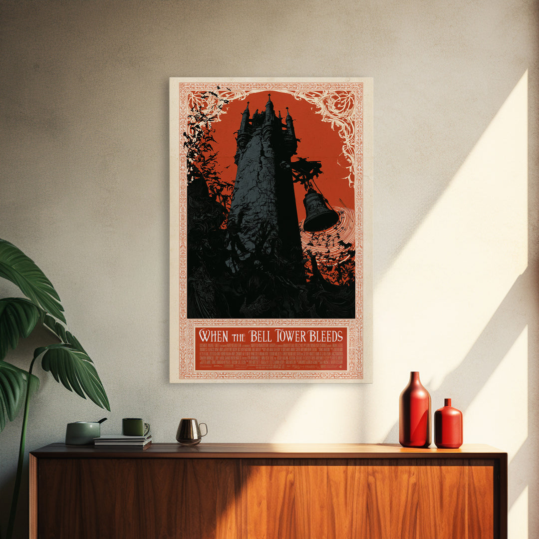 When The Bell Tower Bleeds, English Language Horror Movie Poster, Decadent Line Art, Retro Horror Movie Art, Canvas Print
