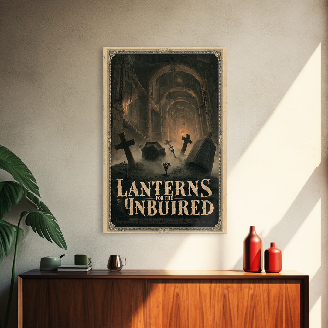 Lanterns For The Unburied, English Language Horror Movie Poster, Architectural Etching Art, Retro Horror Movie Art