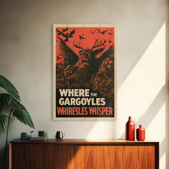 Where The Gargoyles Whisper, English Language Horror Movie Poster, 1950s Creature-Feature One-Sheet Inspired Art, Cult Horror Poster