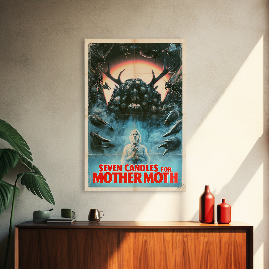 Seven Candles For Mother Moth, English Language Horror Movie Poster, 1980s Vhs Nightmare Cover Inspired Art, Retro Horror Movie Art