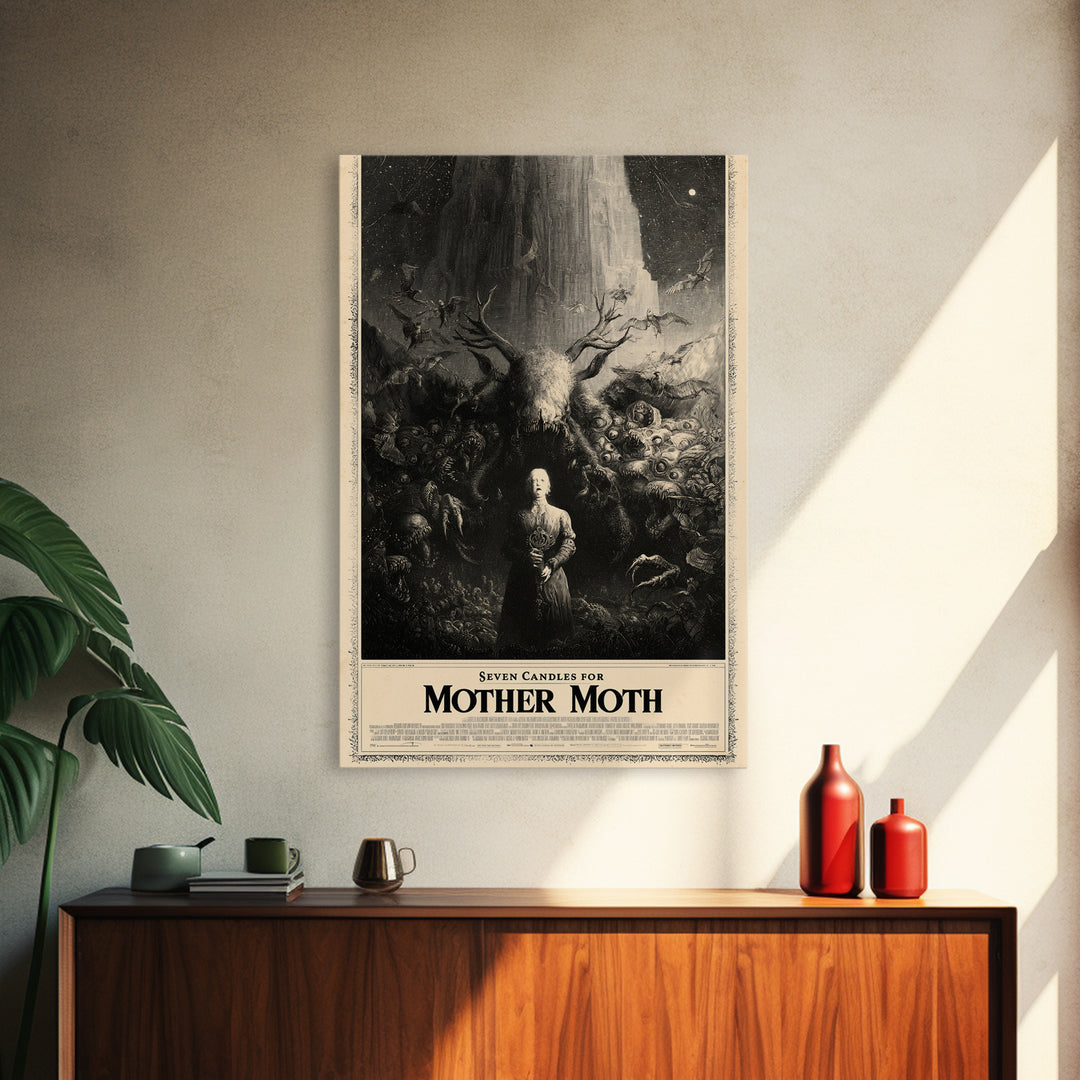 Seven Candles For Mother Moth, English Language Horror Movie Poster, Gothic Engraving Art, Retro Horror Movie Art, Framed Canvas Print