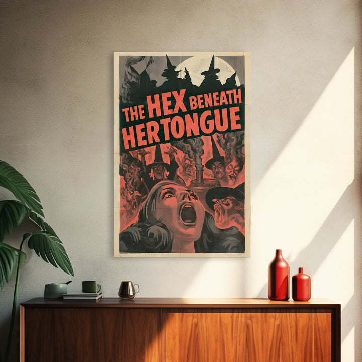 The Hex Beneath Her Tongue, English Language Horror Movie Poster, 1950s Creature-Feature One-Sheet Inspired Art, Gothic Cinema Wall Art
