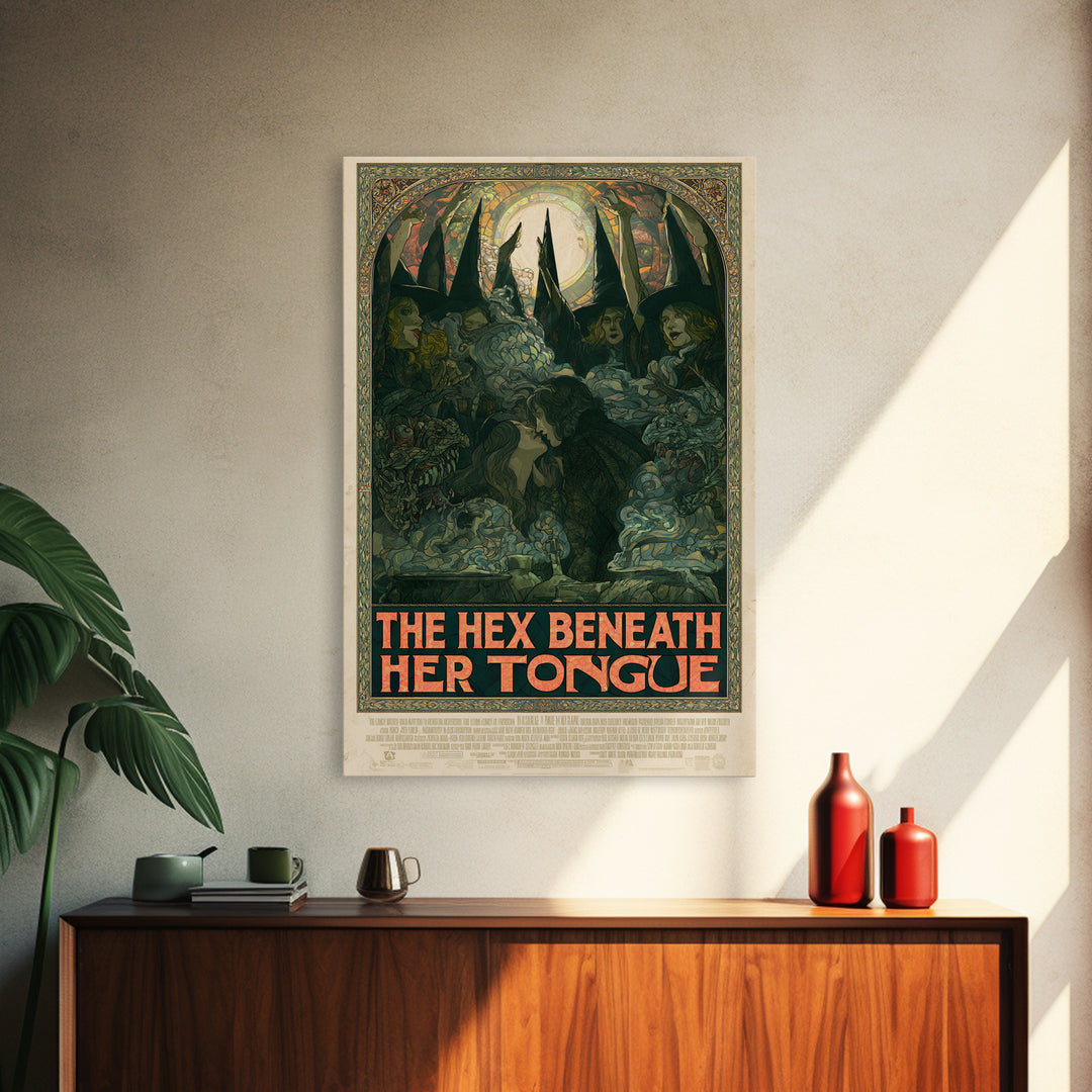 The Hex Beneath Her Tongue, English Language Horror Movie Poster, Stained Glass Gothic Art, Retro Horror Movie Art, Framed Canvas Print