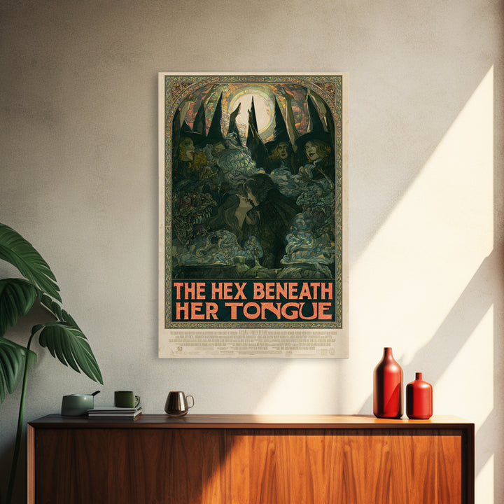 The Hex Beneath Her Tongue, English Language Horror Movie Poster, Stained Glass Gothic Art, Retro Horror Movie Art, Framed Canvas Print
