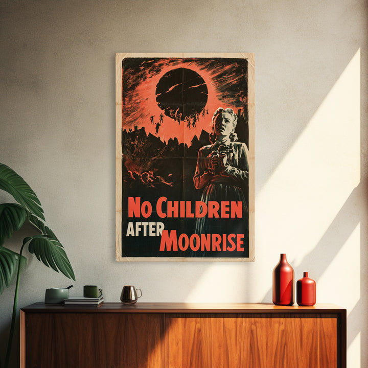 No Children After Moonrise, English Language Horror Movie Poster, 1950s Creature-Feature One-Sheet Inspired Art, Retro Horror Movie Art