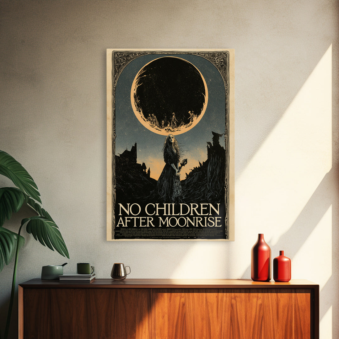 No Children After Moonrise, English Language Horror Movie Poster, Decadent Line Art, Cult Horror Poster, Framed Canvas Print
