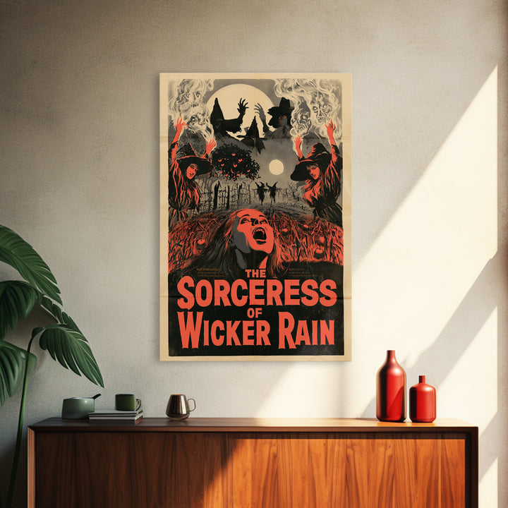 The Sorceress Of Wicker Rain, English Language Horror Movie Poster, 1950s Creature-Feature One-Sheet Inspired Art, Retro Horror Movie Art