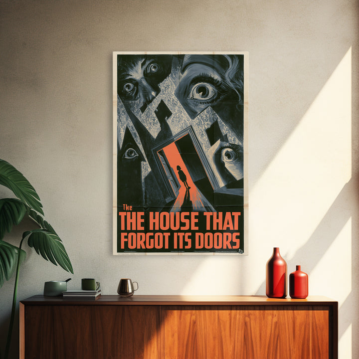 The House That Forgot Its Doors, English Language Horror Movie Poster, 1930s Horror Art, Retro Horror Movie Art, Framed Canvas Print