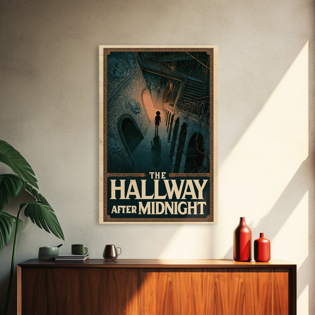 The Hallway After Midnight, English Language Horror Movie Poster, Architectural Etching Art, Classic Monster Poster