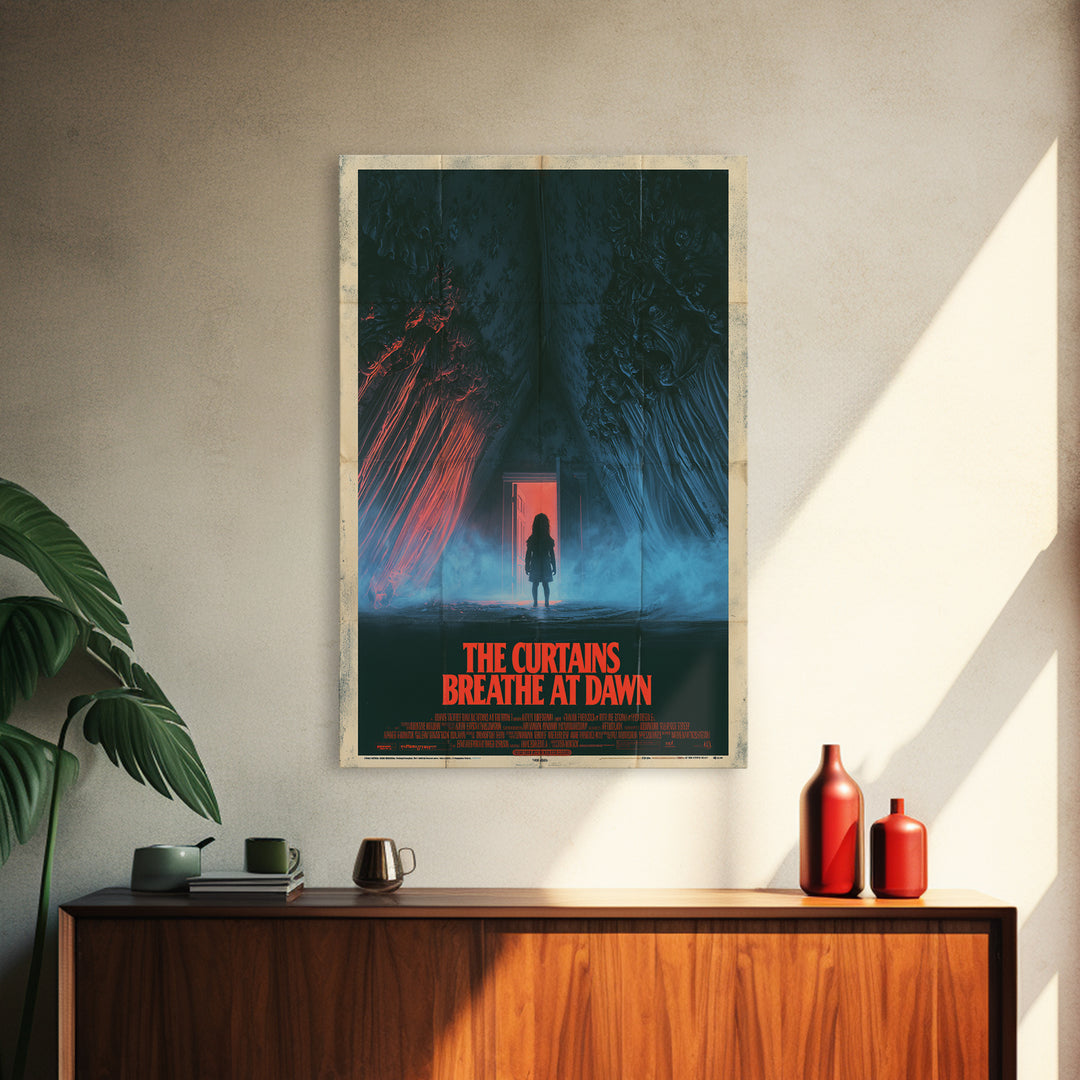 The Curtains Breathe At Dawn, English Language Horror Movie Poster, 1980s Vhs Nightmare Cover Inspired Art, Retro Horror Movie Art