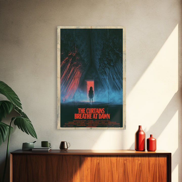 The Curtains Breathe At Dawn, English Language Horror Movie Poster, 1980s Vhs Nightmare Cover Inspired Art, Retro Horror Movie Art
