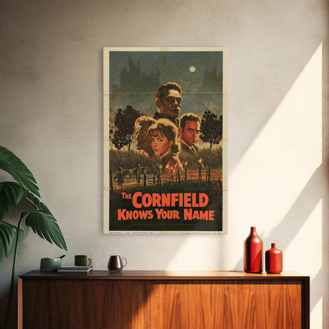 The Cornfield Knows Your Name, English Language Horror Movie Poster, 1960s Horror Art, Classic Monster Poster, Framed Canvas Print