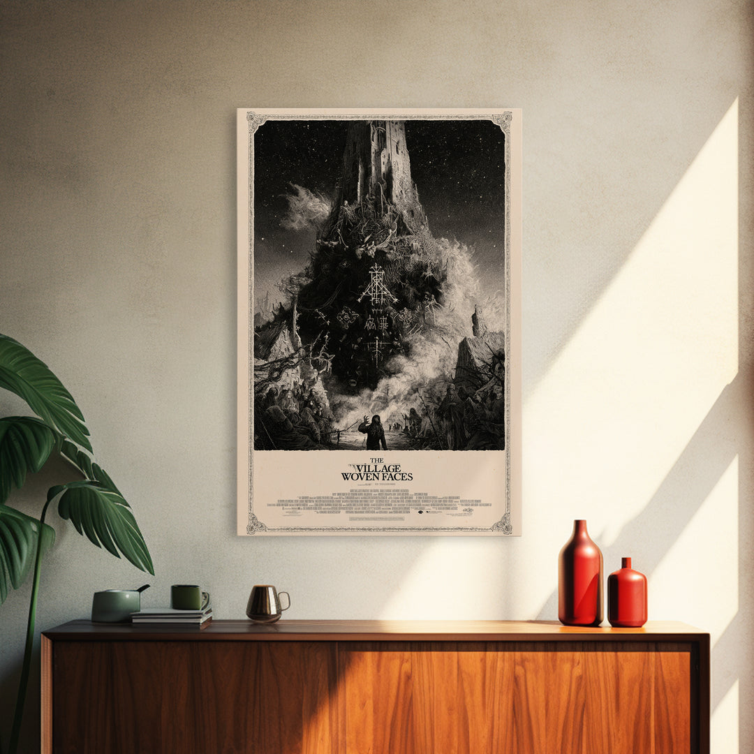 The Village Of Woven Faces, English Language Horror Movie Poster, Gothic Engraving Art, Gothic Cinema Wall Art, Framed Canvas Print
