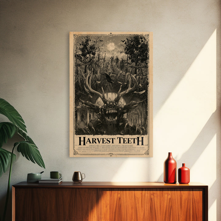 Harvest Teeth, English Language Horror Movie Poster, Architectural Etching Art, Classic Monster Poster, Framed Canvas Print
