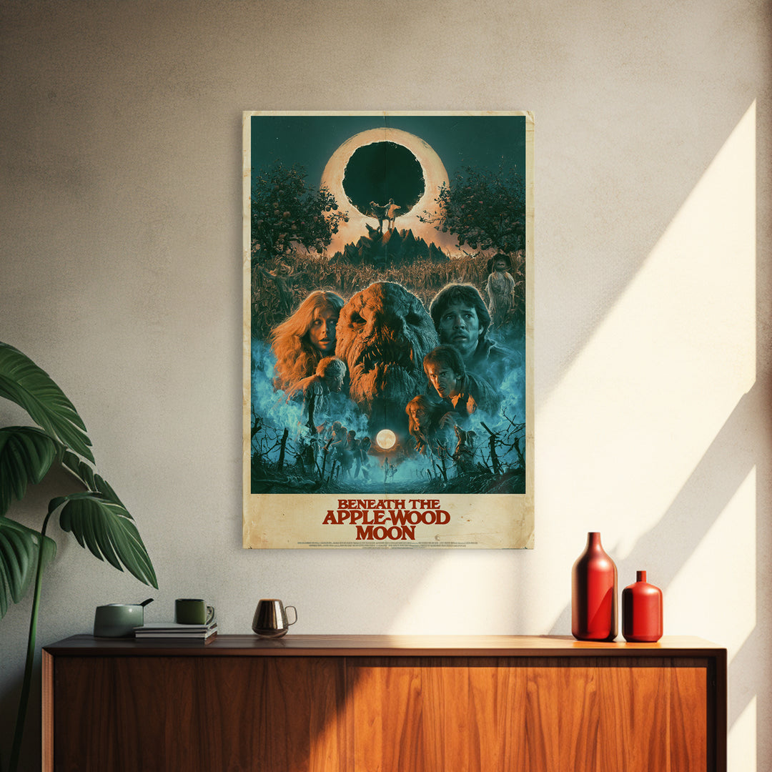 Beneath The Apple-Wood Moon, English Language Horror Movie Poster, 1980s Vhs Nightmare Cover Inspired Art, Retro Horror Movie Art