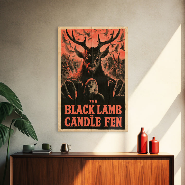 The Black Lamb Of Candle Fen, English Language Horror Movie Poster, 1950s Creature-Feature One-Sheet Inspired Art, Gothic Cinema Wall Art