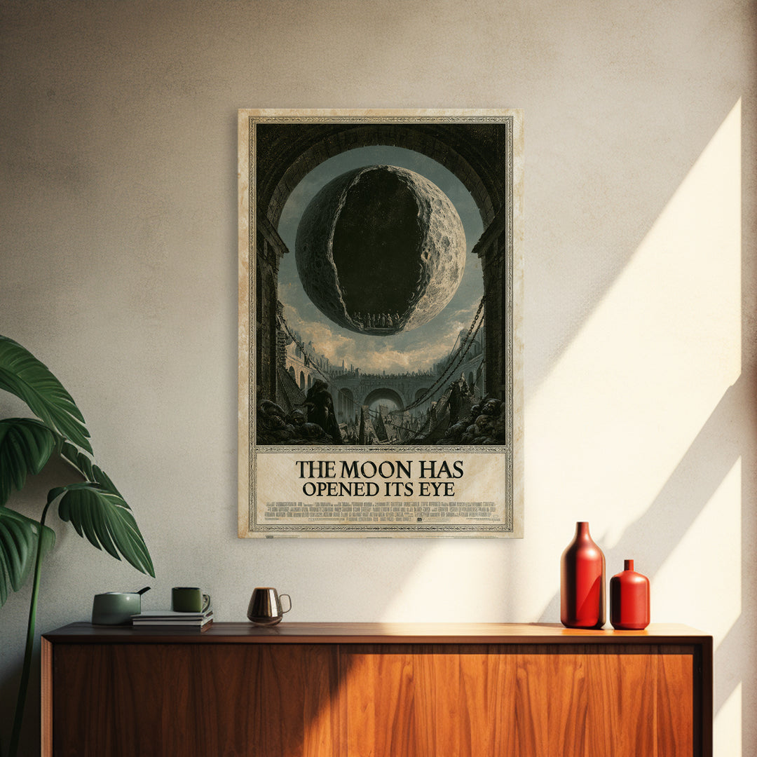 The Moon Has Opened Its Eye, English Language Horror Movie Poster, Architectural Etching Art, Retro Horror Movie Art