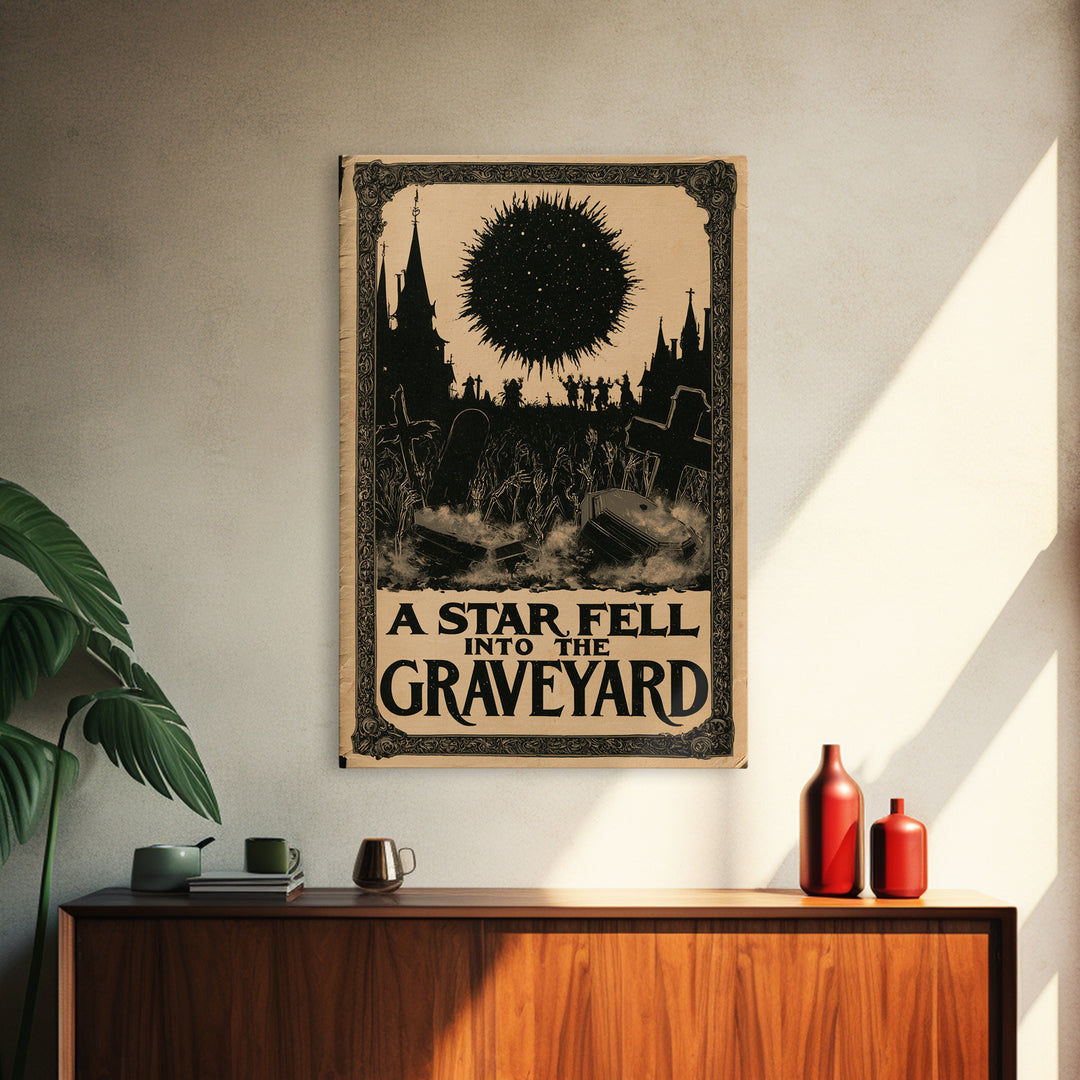 A Star Fell Into The Graveyard, English Language Horror Movie Poster, Decadent Line Art, Gothic Cinema Wall Art, Canvas Print