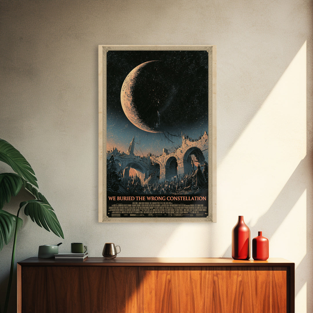 We Buried The Wrong Constellation, English Language Horror Movie Poster, Architectural Etching Art, Retro Horror Movie Art