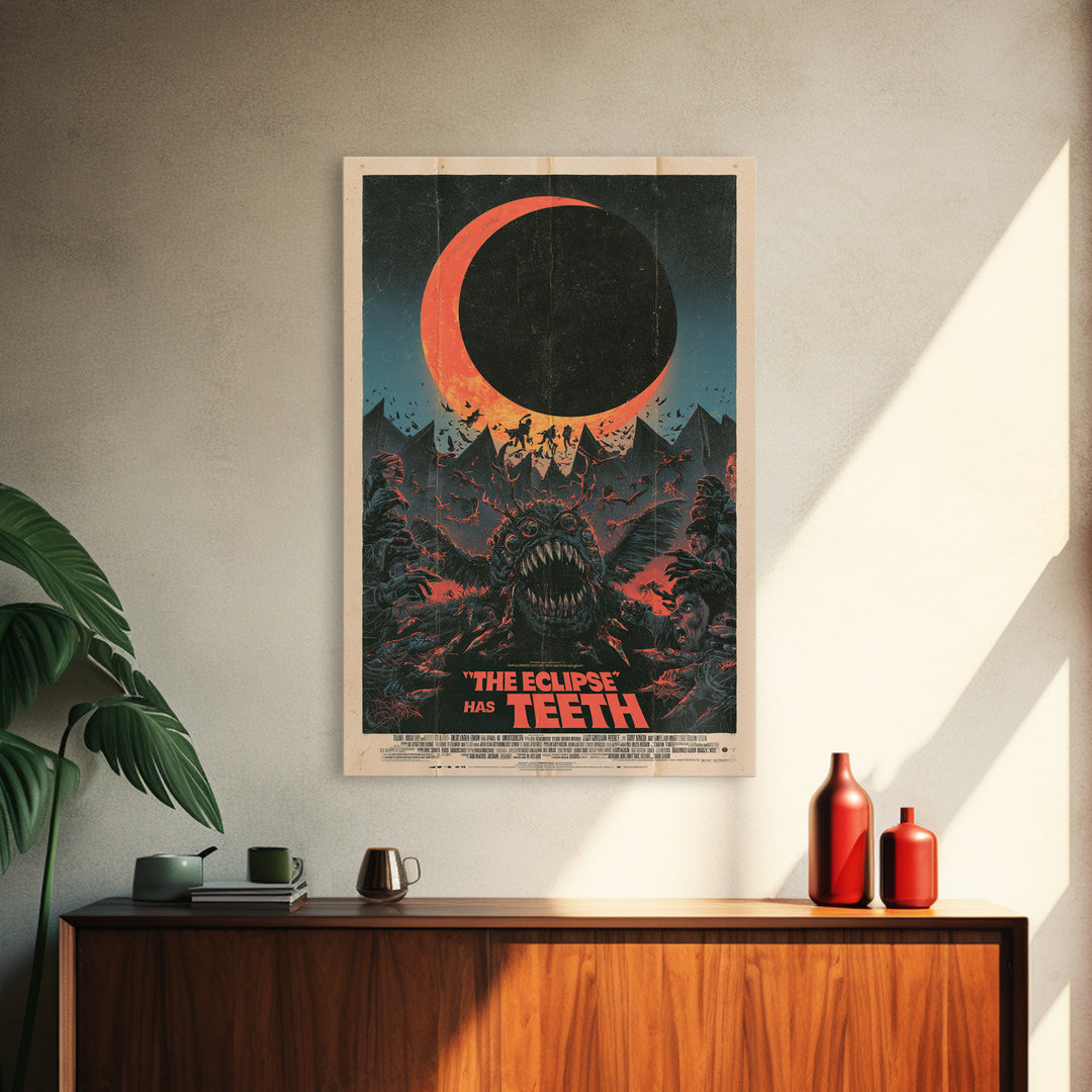 The Eclipse Has Teeth, English Language Horror Movie Poster, Giallo Horror Art, Gothic Cinema Wall Art, Framed Canvas Print