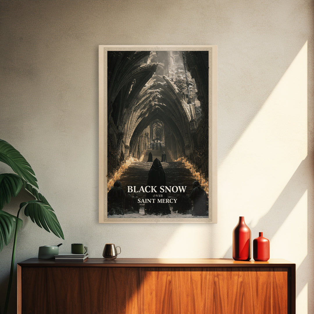 Black Snow Over Saint Mercy, English Language Horror Movie Poster, Architectural Etching Art, Classic Monster Poster