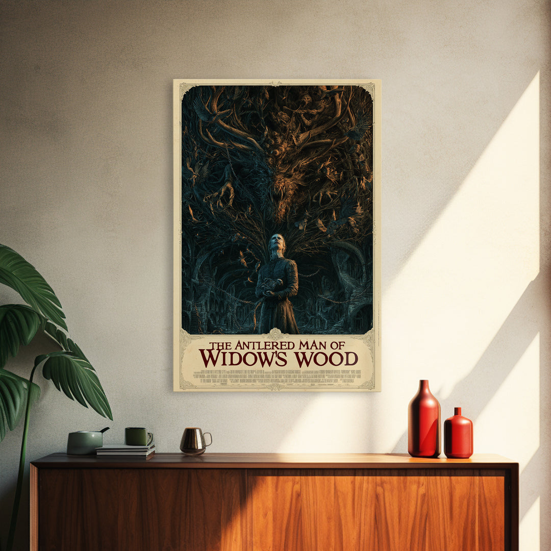 The Antlered Man Of Widow'S Wood, English Language Horror Movie Poster, Architectural Etching Art, Retro Horror Movie Art