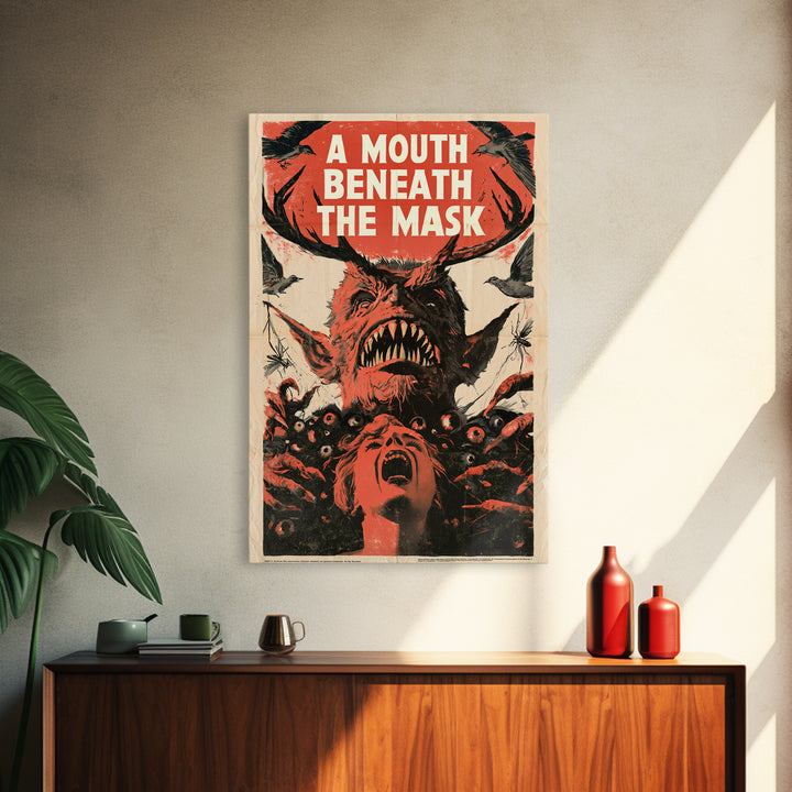 A Mouth Beneath The Mask, English Language Horror Movie Poster, 1950s Creature-Feature One-Sheet Inspired Art, Classic Monster Poster