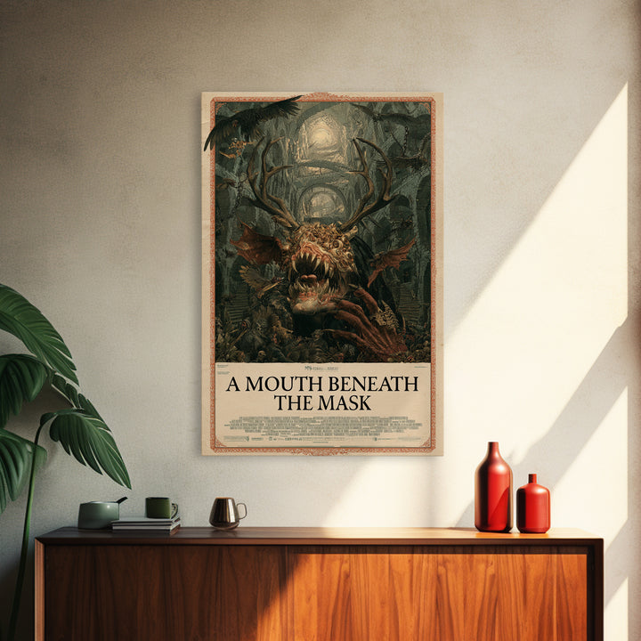 A Mouth Beneath The Mask, English Language Horror Movie Poster, Architectural Etching Art, Gothic Cinema Wall Art