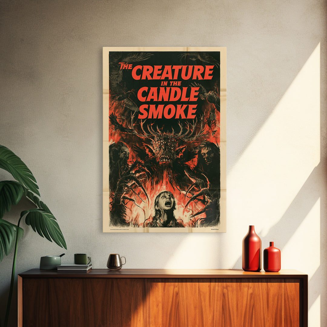 The Creature In The Candle Smoke, English Language Horror Movie Poster, 1950s Creature-Feature One-Sheet Inspired Art, Cult Horror Poster