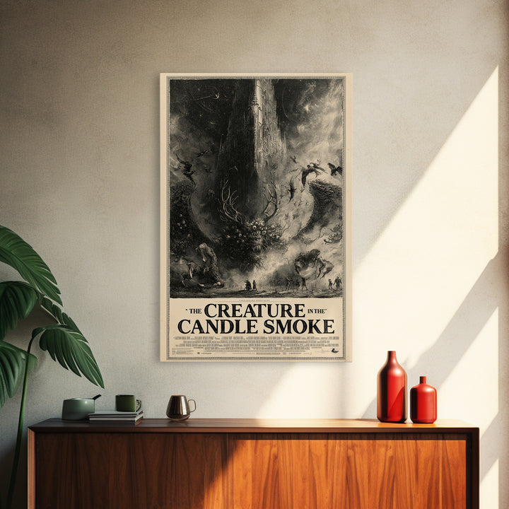 The Creature In The Candle Smoke, English Language Horror Movie Poster, Gothic Engraving Art, Cult Horror Poster, Framed Canvas Print