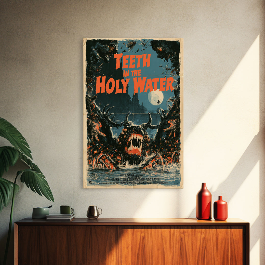 Teeth In The Holy Water, English Language Horror Movie Poster, Giallo Horror Art, Classic Monster Poster, Framed Canvas Print