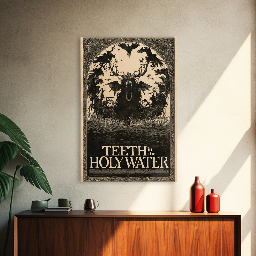 Teeth In The Holy Water, English Language Horror Movie Poster, Decadent Line Art, Classic Monster Poster, Framed Canvas Print