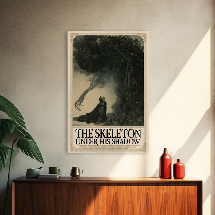 The Skeleton Under His Shadow, English Language Horror Movie Poster, Gothic Nightmare Art, Cult Horror Poster, Framed Canvas Print