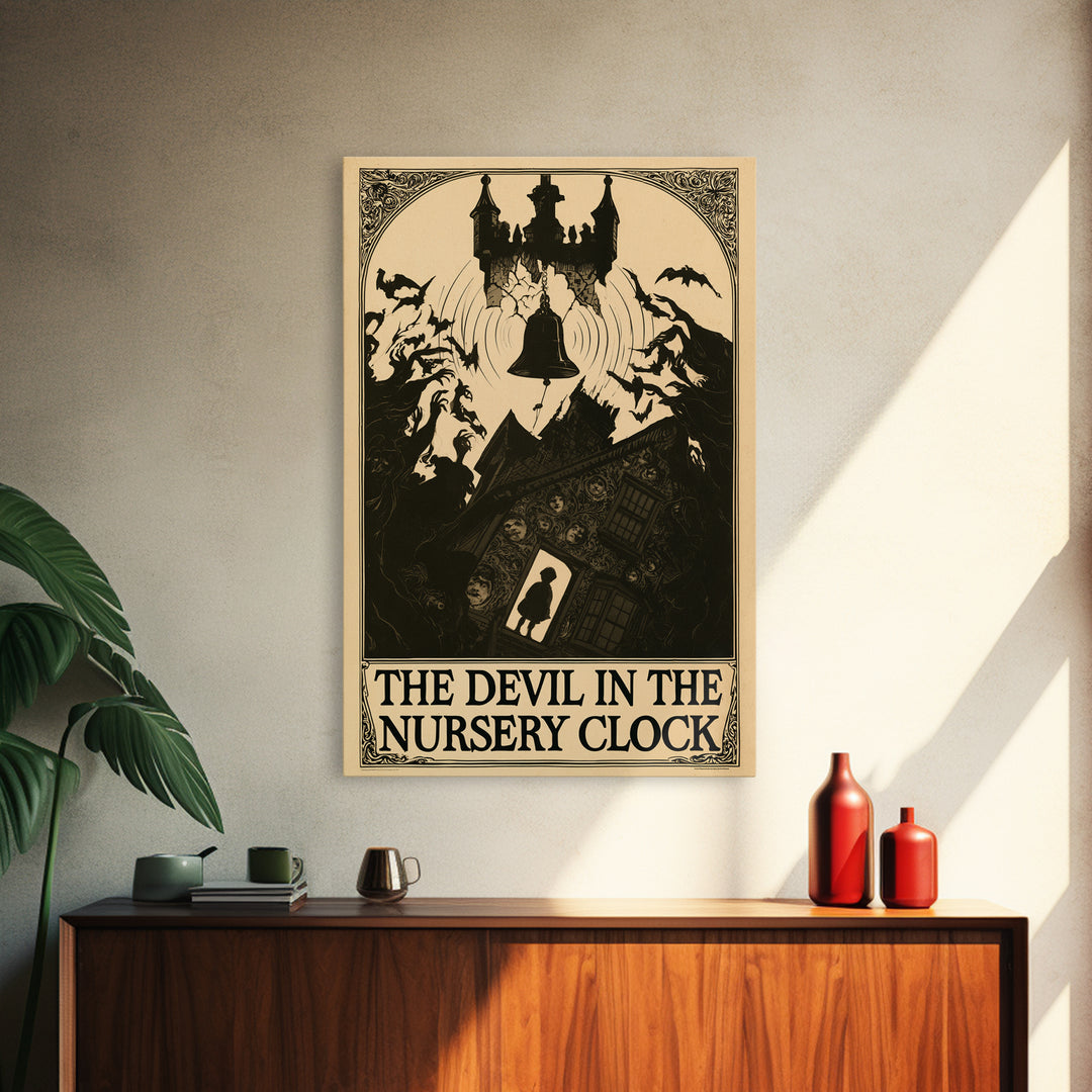 The Devil In The Nursery Clock, English Language Horror Movie Poster, Decadent Line Art, Cult Horror Poster, Framed Canvas Print