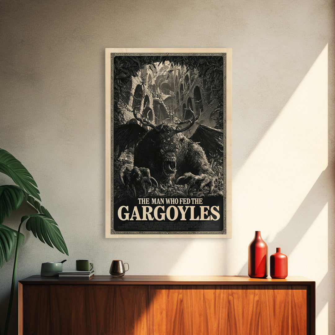 The Man Who Fed The Gargoyles, English Language Horror Movie Poster, Architectural Etching Art, Cult Horror Poster