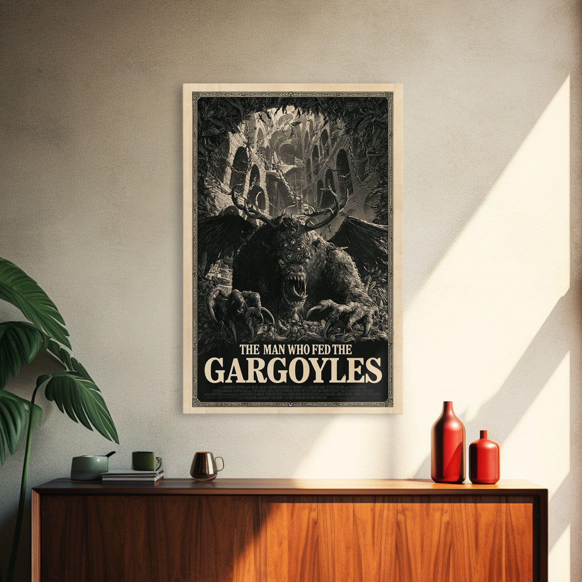 The Man Who Fed The Gargoyles, English Language Horror Movie Poster, Architectural Etching Art, Cult Horror Poster