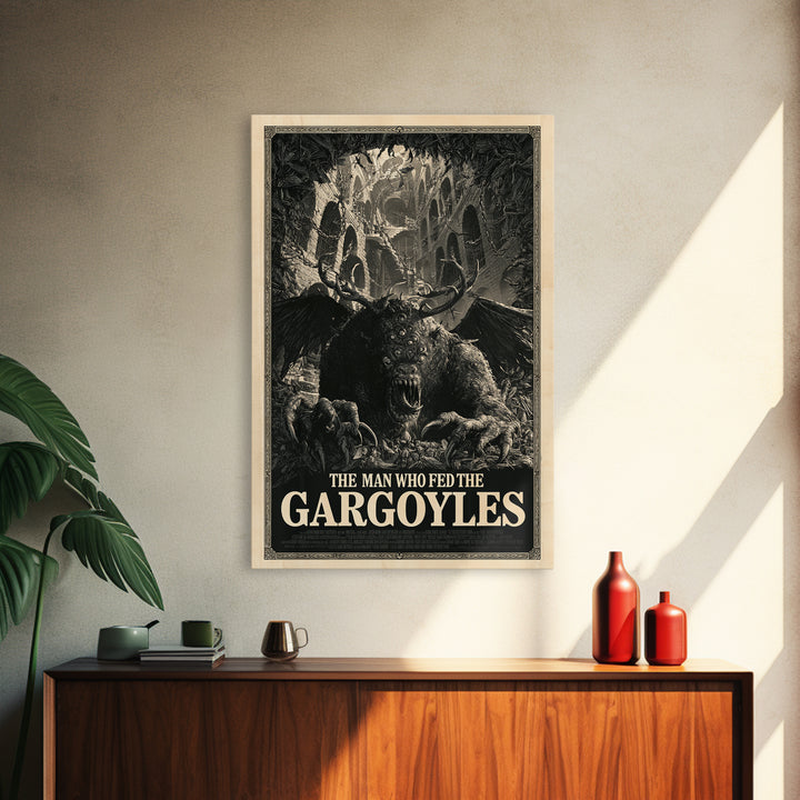 The Man Who Fed The Gargoyles, English Language Horror Movie Poster, Architectural Etching Art, Cult Horror Poster
