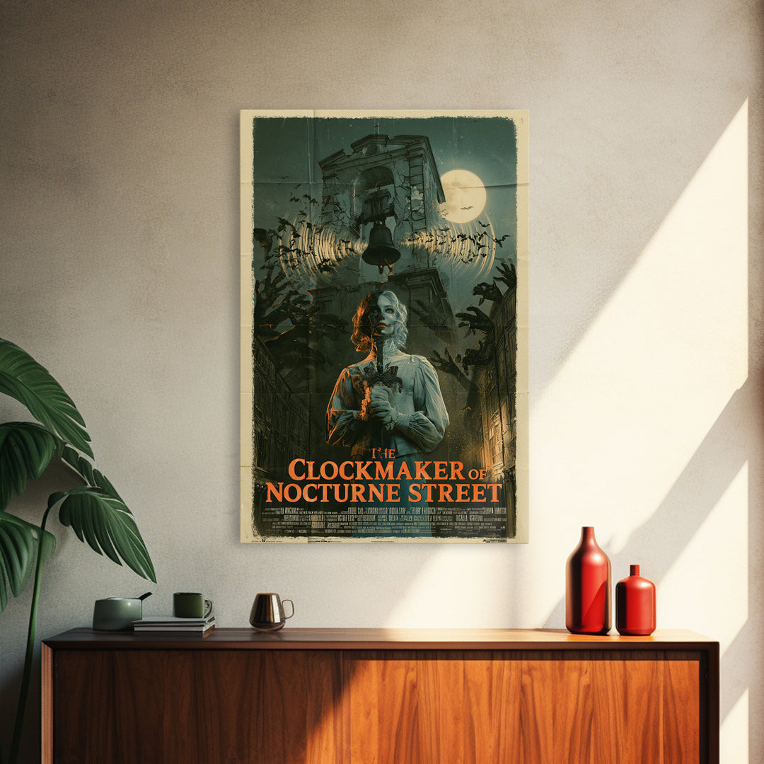The Clockmaker Of Nocturne Street, English Language Horror Movie Poster, Giallo Horror Art, Retro Horror Movie Art, Framed Canvas Print